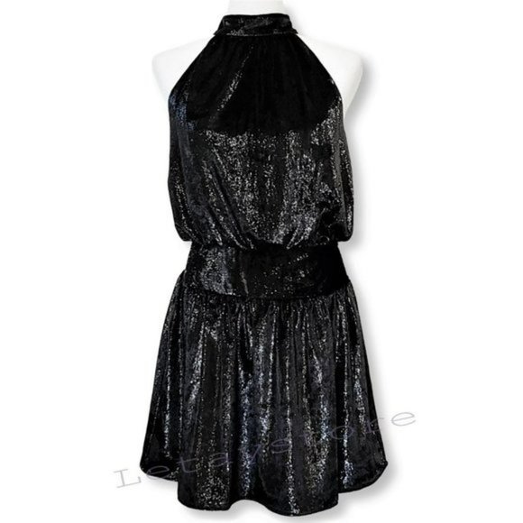 NWT Stunning RAMY BROOK Ellin Shimmer Velvet Halter Party Cocktail Mini Dress - Picture 4 of 6
